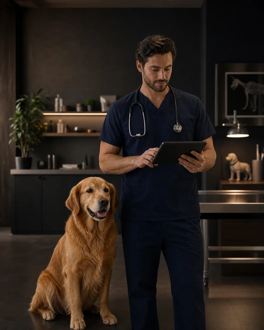 Veterinario che consulta VetDesk su un tablet accanto a un golden retriever